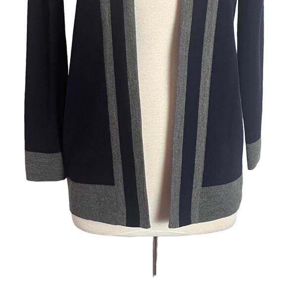 Talbots Merino Wool Open Cardigan Sweater Womens Small Petite Navy Grey Nautical - Picture 3 of 12